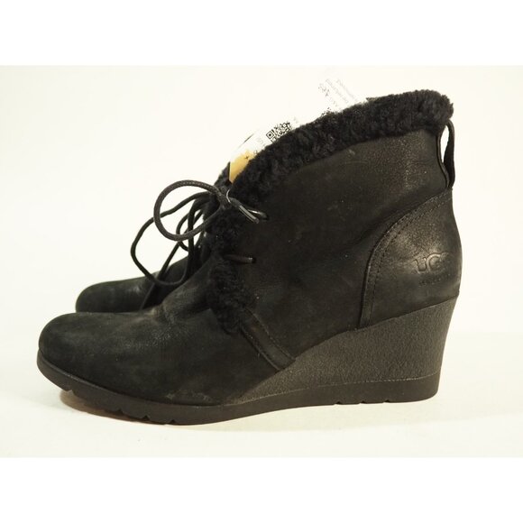 Ugg Black Leather Wedge Black Sheepskin Lined Heel Ankle Boots, 8 - Picture 3 of 9